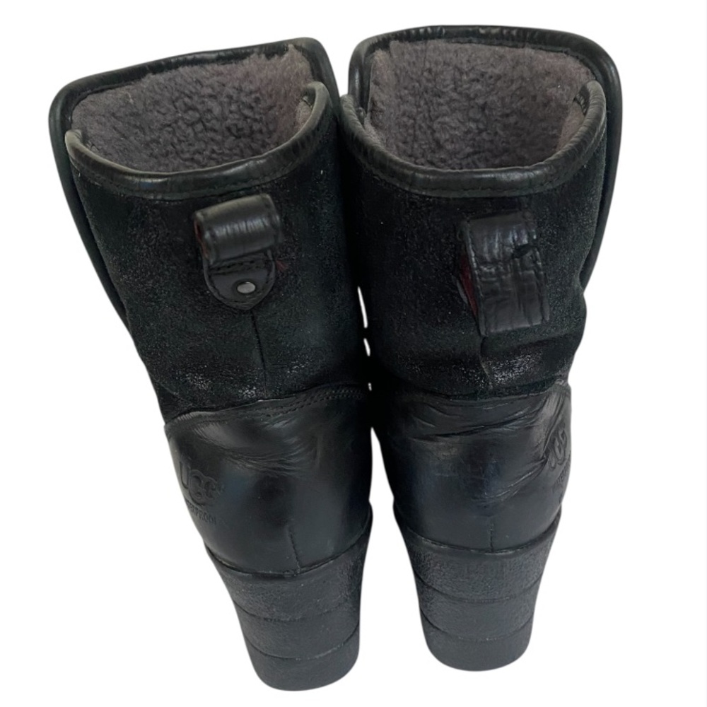 UGG Renatta Black Leather Wedge Ankle Boots Shearling Lined Size 7 - Picture 5 of 7